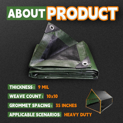 15x30 Feet Tarp Waterproof,9Mil Thick,Finished Size Tarps,UV Resistant,Durable,Multipurpose Poly Tarp Cover with Metal Grommets and Reinforced Edges,Green/Black by RAINDEWAY