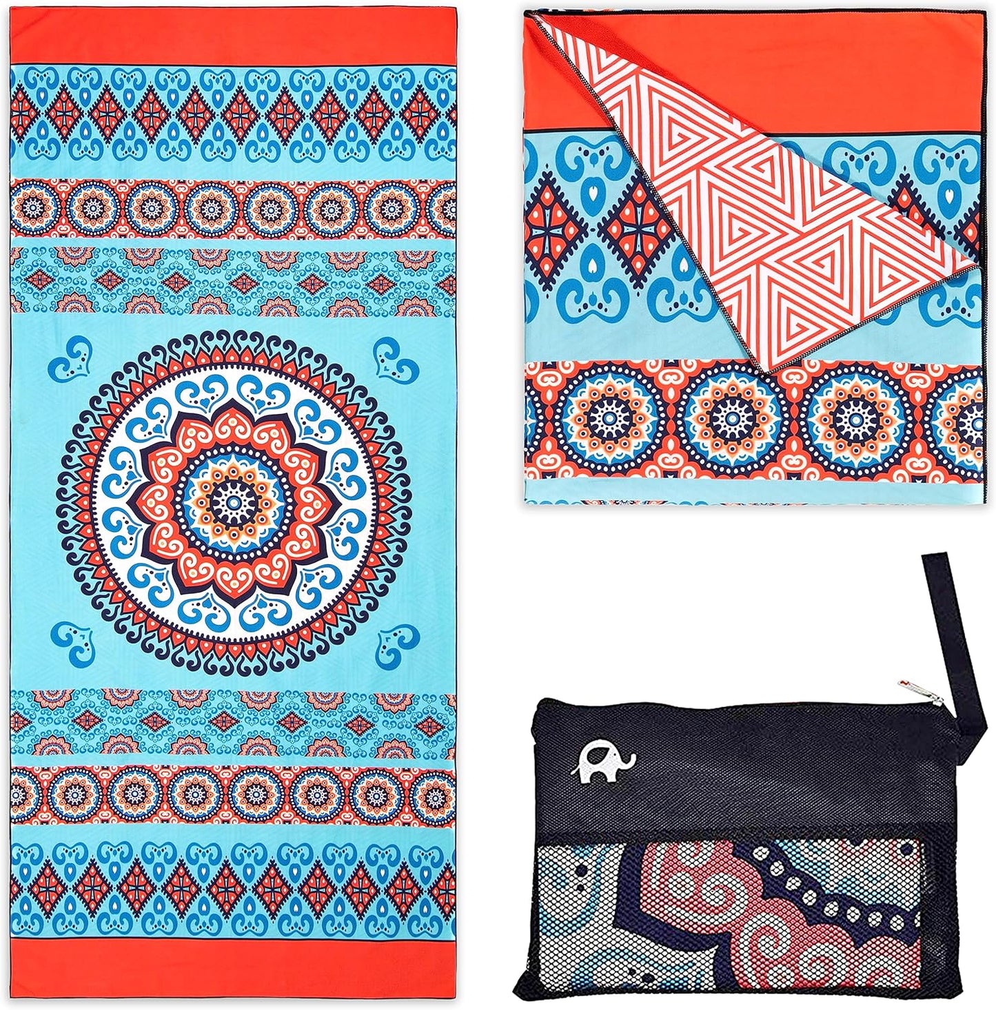 Elite Trend Microfiber Beach Towel for Adults with Bag - Extra Large 78x35 Inch Lightweight Sand Free Quick Dry Towel for Travel, Swimming, Yoga, Camping (Mandala Coral)