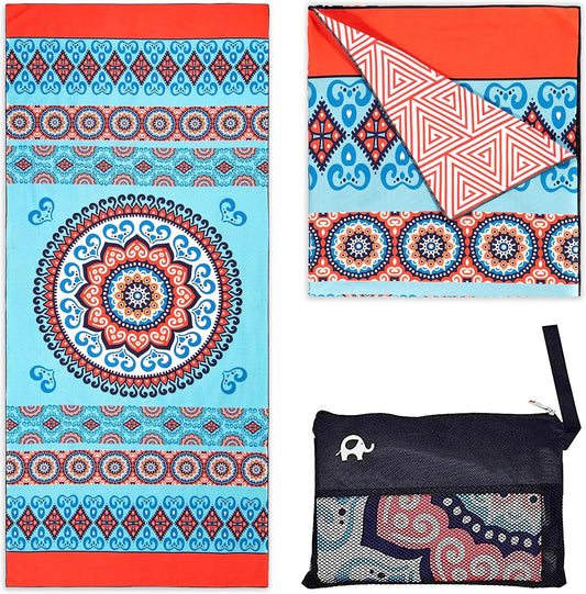Elite Trend Microfiber Beach Towel for Adults with Bag - Extra Large 78x35 Inch Lightweight Sand Free Quick Dry Towel for Travel, Swimming, Yoga, Camping (Mandala Coral)