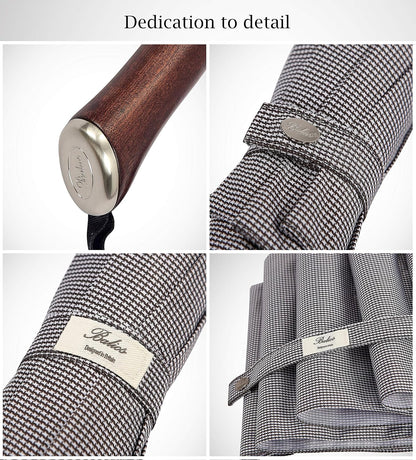 Balios (Designed in UK) Travel Umbrella Luxurious Golden Hardwood Handle Auto Open & Close Windproof Frame Single Canopy Automatic Folding Umbrella Men's & Ladies