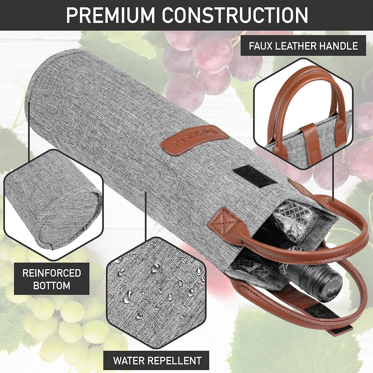 opux Wine Bag Single Bottle Carrier Tote, Insulated Travel Wine Cooler Bag for Picnic Beach Gift, Thermal Padded Portable One Bottle Holder Carrying Case for Women Men Wine Lovers, Heather Gray