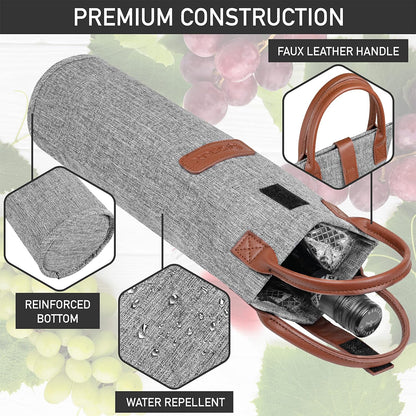 opux Wine Bag Single Bottle Carrier Tote, Insulated Travel Wine Cooler Bag for Picnic Beach Gift, Thermal Padded Portable One Bottle Holder Carrying Case for Women Men Wine Lovers, Heather Gray