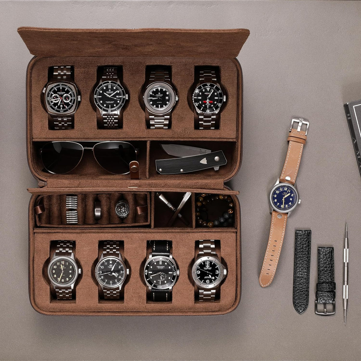 ROTHWELL 8 Watch Travel Case Storage Organizer for 8 Watches, Sunglasses, Rings & Cufflinks |Tough Portable Protection with Zipper Fits Most Wristwatches & Smart Watches Up to 50mm (Tan/Brown)