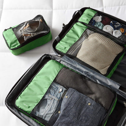 Amazon Basics Packing Cubes for Travel, Packing Organizers Set, 4-Piece-Set (Slim, Small, Medium, Large) With Double Zipper Pulls and Mesh Top Panel, 100% Durable Polyester, Green