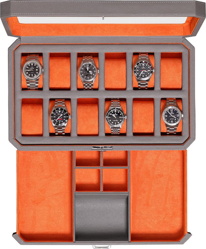 ROTHWELL 12 Slot Leather Watch Box with Valet Drawer - 12 Slot Luxury Watch Case Display Organizer, Microsuede Liner, Mens Accessories Holder, Jewelry Case, Jewelry Display Organizer (Grey/Orange)