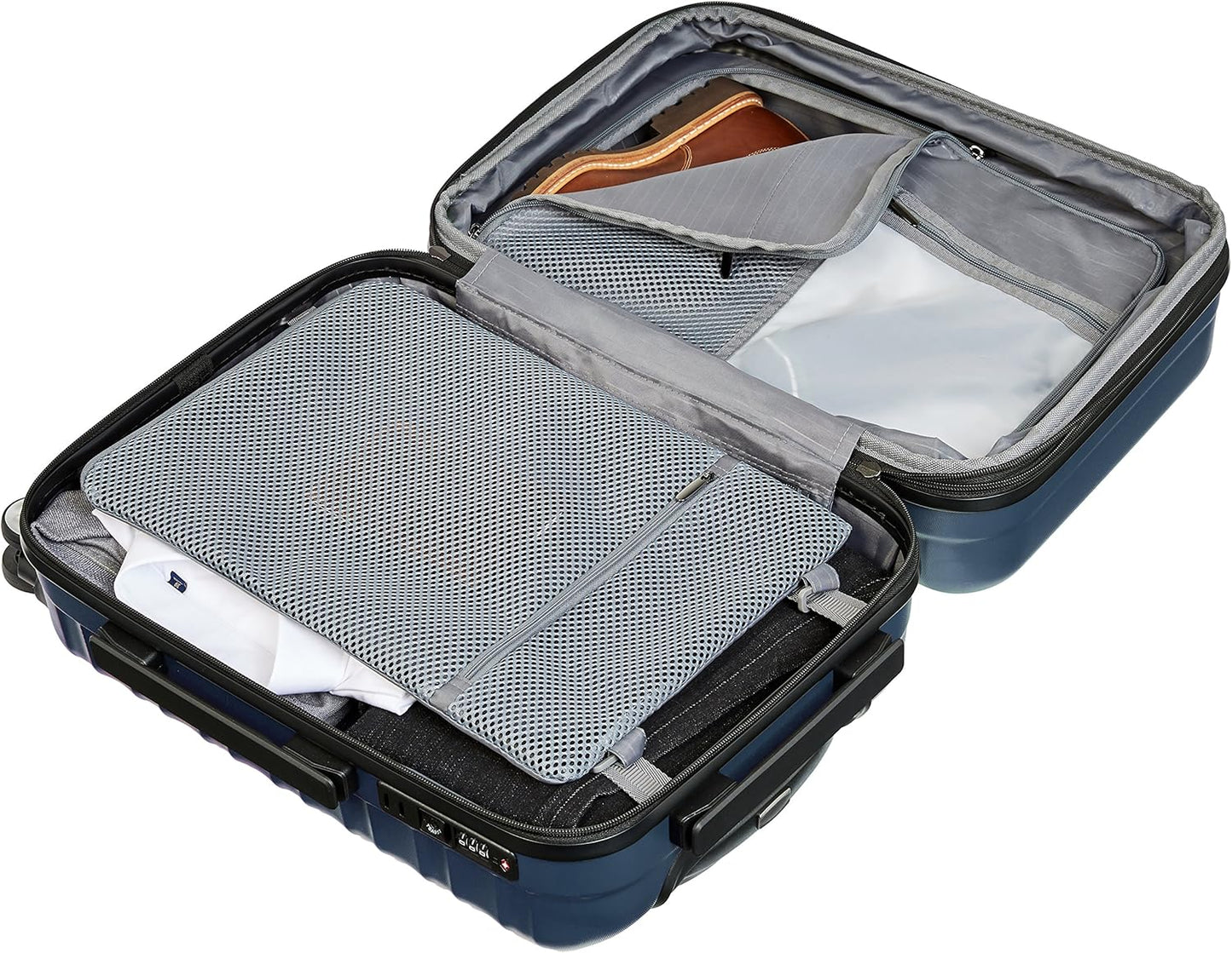 Amazon Basics 21-inch Carry On Luggage, Suitcase With Wheels (8 Spinner Wheels), TSA Lock, Expandable Capacity, Interior Divider and Pocket For Dry and Damp Clothes, Navy Blue