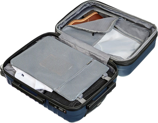 Amazon Basics 21-inch Carry On Luggage, Suitcase With Wheels (8 Spinner Wheels), TSA Lock, Expandable Capacity, Interior Divider and Pocket For Dry and Damp Clothes, Navy Blue