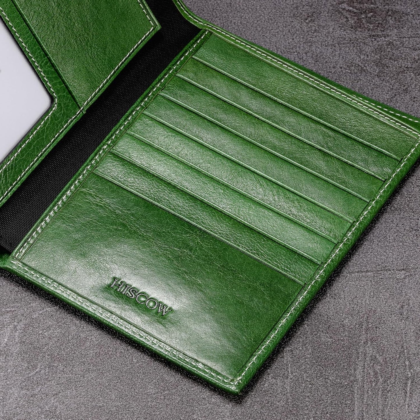 HISCOW Italian Leather Passport Holder for Travel - RFID Blocking Wallet Cover with Secure Organizer for Men & Women, US & Foreign Trips, Green Vegetable-Tanned Leather