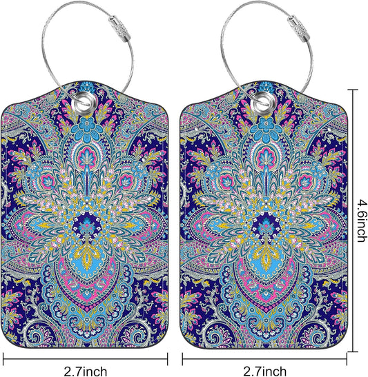 2 Pack Luggage Tags Paisley Pattern and Ethnic Style Floral PU Leather Baggage Tag with Privacy Cover Stainless Steel Loop and Name ID Card for Men Women Travel Bag Luggage Accessories