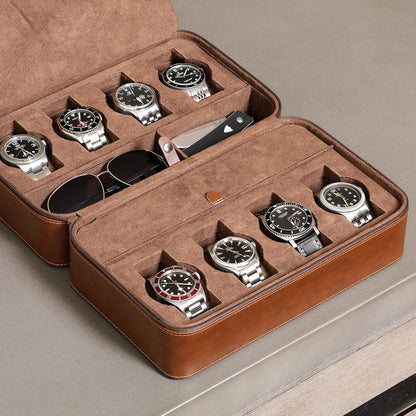 ROTHWELL 8 Watch Travel Case Storage Organizer for 8 Watches, Sunglasses, Rings & Cufflinks |Tough Portable Protection with Zipper Fits Most Wristwatches & Smart Watches Up to 50mm (Tan/Brown)
