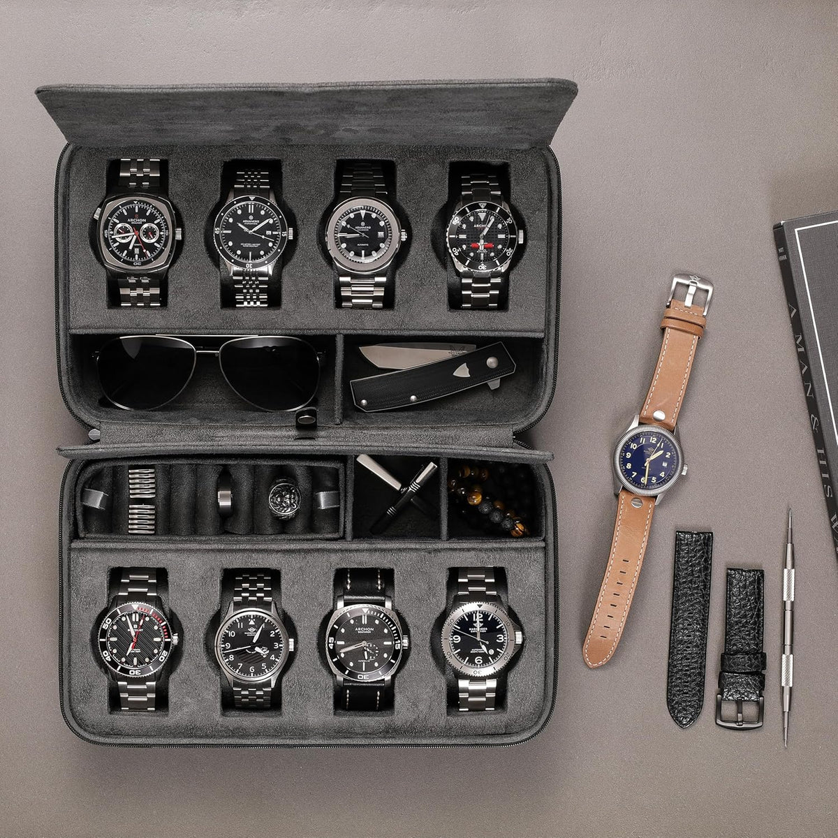 ROTHWELL 8 Watch Travel Case Storage Organizer for 8 Watches, Sunglasses, Rings & Cufflinks |Tough Portable Protection with Zipper Fits Most Wristwatches & Smart Watches Up to 50mm (Black/Grey)