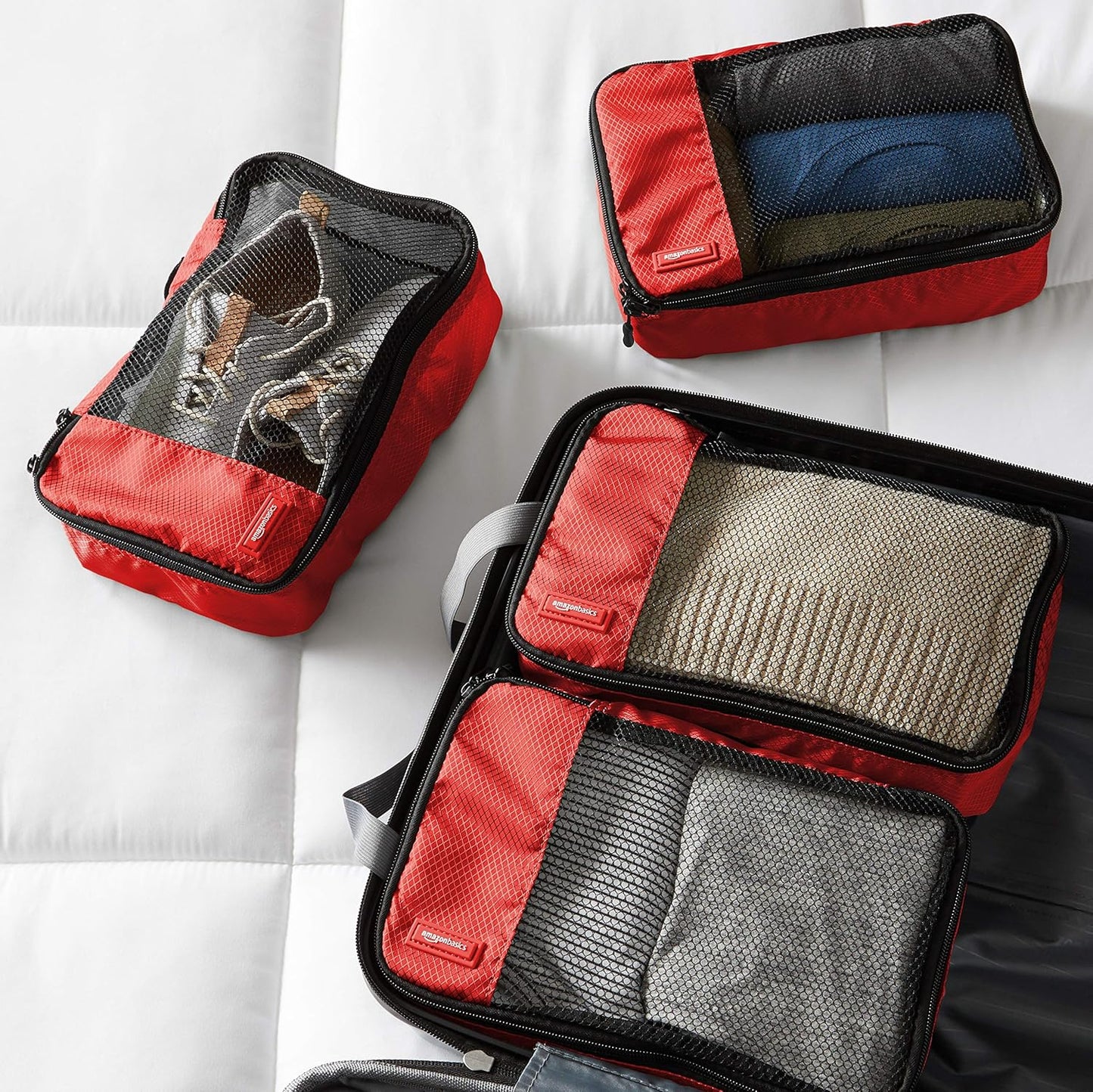 Amazon Basics Small Packing Cubes for Travel, Packing Organizers, 4-Piece-Set With Double Zipper Pulls and Mesh Top Panel, 100% Durable Polyester, Red, 11"L x 6.8"W x 3"H