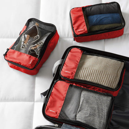 Amazon Basics Small Packing Cubes for Travel, Packing Organizers, 4-Piece-Set With Double Zipper Pulls and Mesh Top Panel, 100% Durable Polyester, Red, 11"L x 6.8"W x 3"H